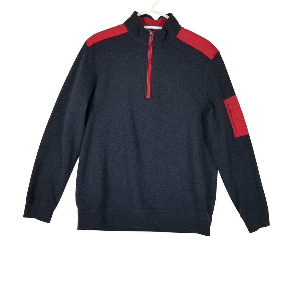 Bugatchi Quarter Zip Pullover Mens L Charcoal Red Quilted Shoulder VF2010 F75